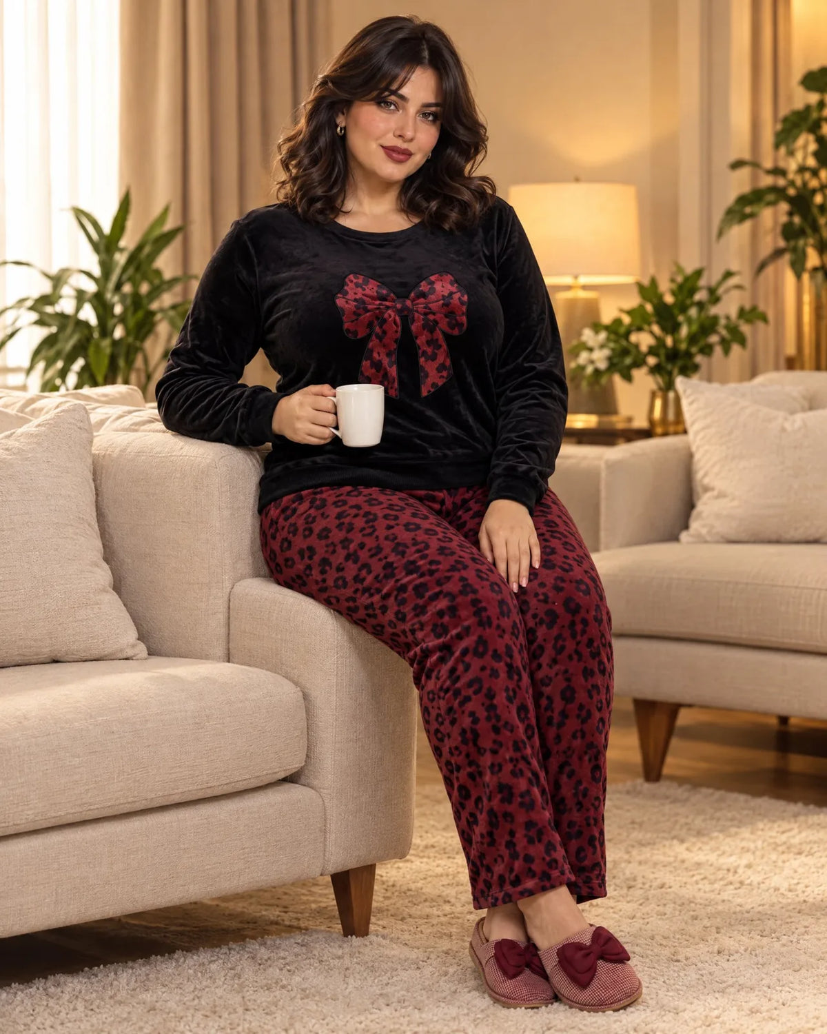 موديل قاعدة لابسة بيجامة الفيونكة السودا مع بنطلون النمر النبيتي وشبشب بفيونكة